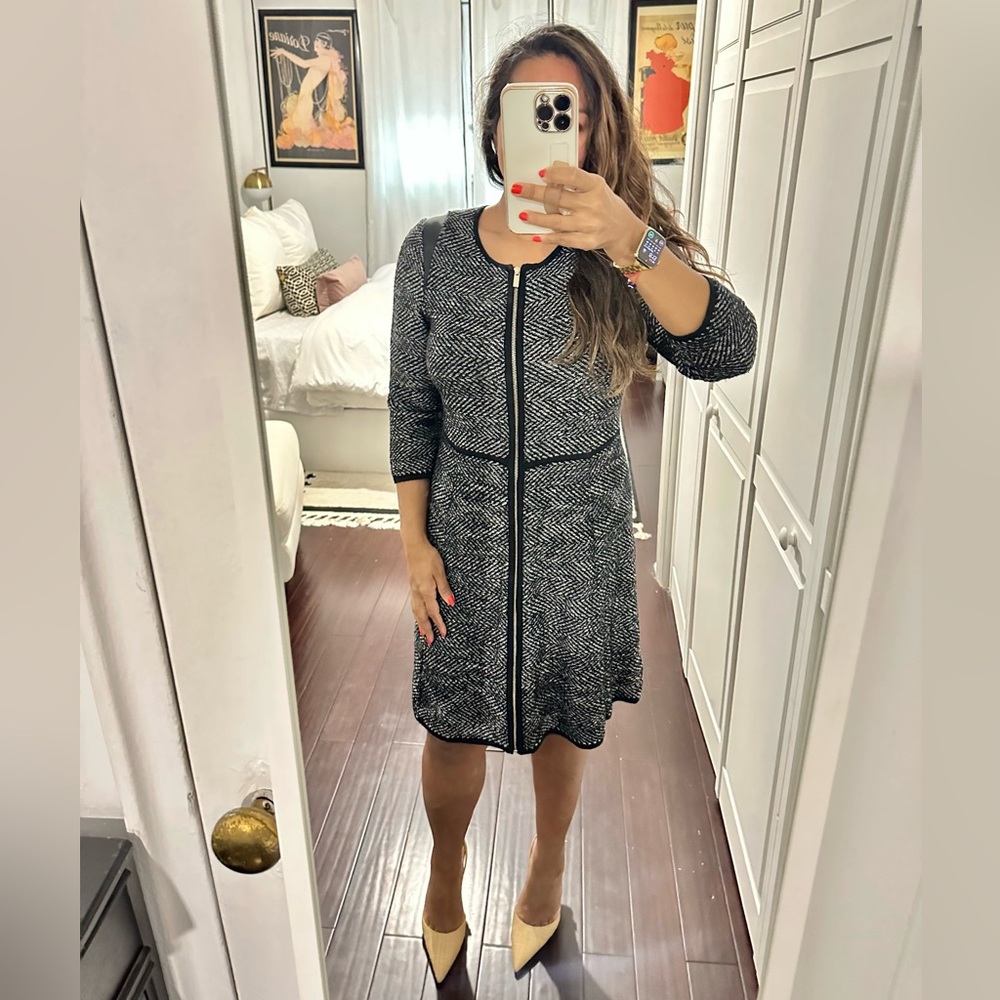 Herringbone pattern, Ann Taylor sweater, dress with gold hardware.